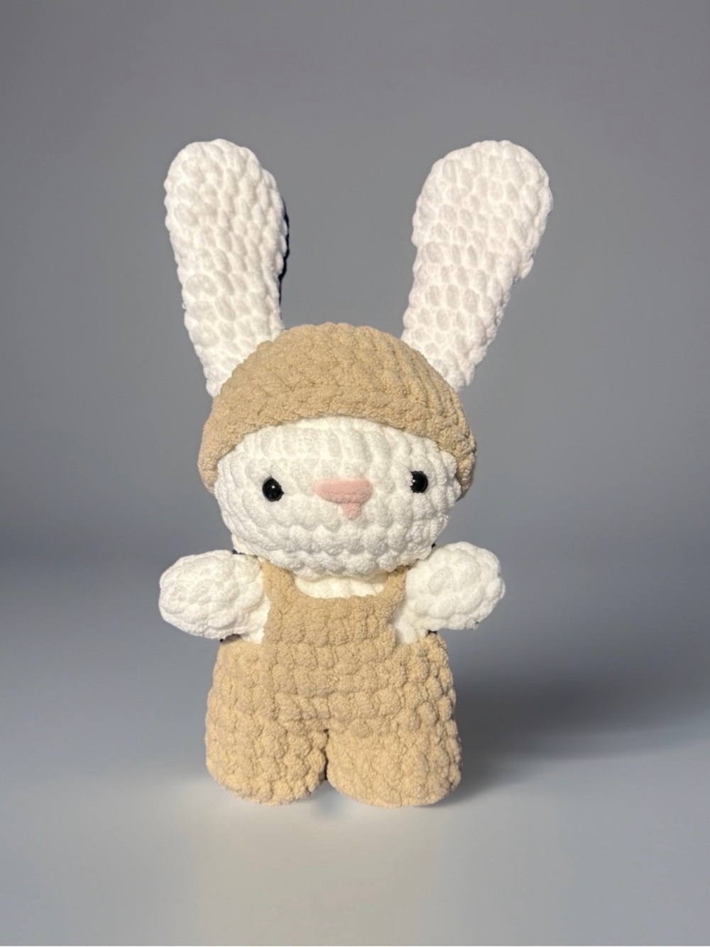 Plush Bunny Stuffed Animal in White and Tan with Clothing- Cozy Crochet Plush - Picture 4 of 6